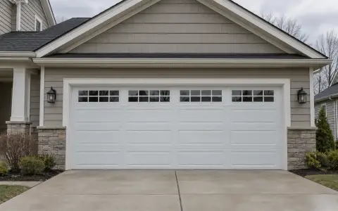 A newly installed white insulated sectional garage door on a two-car garage